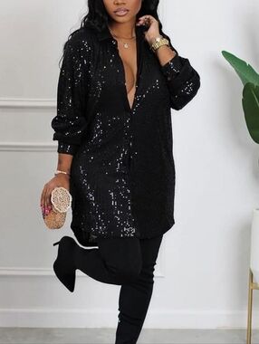 NWT Xpluswear Black Sequin Mini Shirt Dress Button Front Long Sleeve Party 4XL